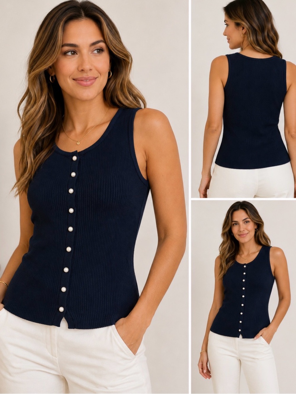 Christian Lacroix NWT Pearl Button Ribbed Sleeveless Top L